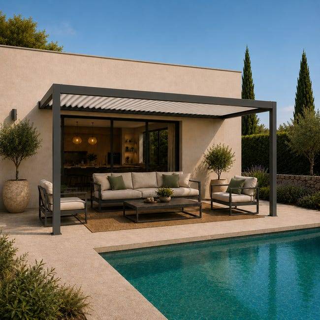 Pergola Bioclimatique Aluminium Adossée Anthracite 5x3,5 Manuelle S ORIAL France - Image 1