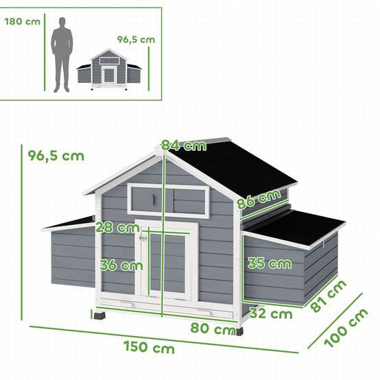 Poulailler bois extérieur double pondoir perchoirs 150x100x96cm gris - ComfortXL Outdoor Living - Image 5