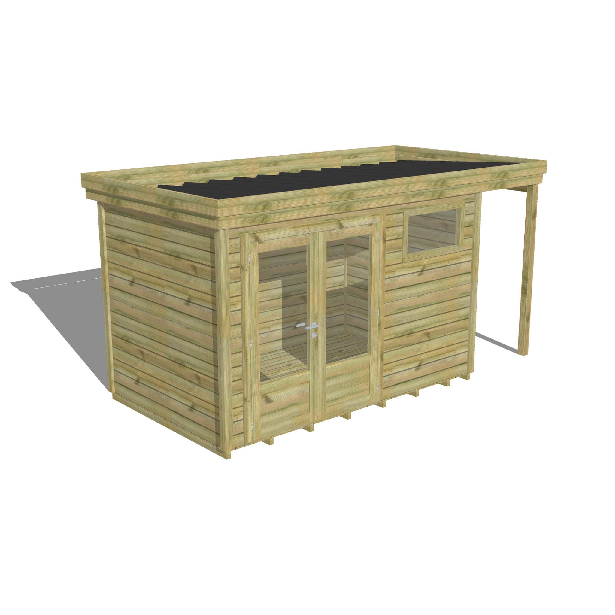 Abri Français - Abri de jardin bois 10 m² - pin autoclave 27 mm - 4,44 x 2,14 m - porte double vitrée, 1 fenêtre, extension de toiture, plancher - Image 1