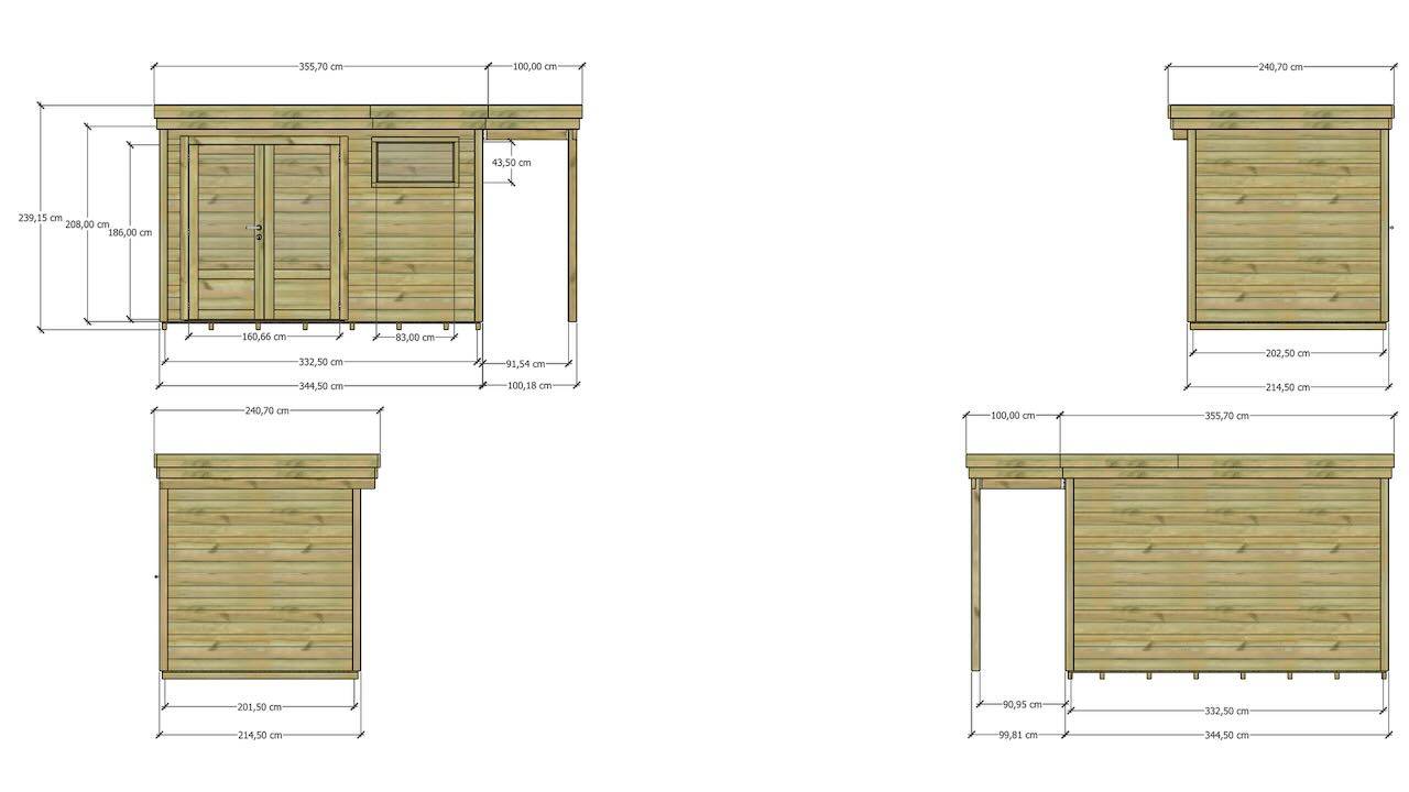 Abri Français - Abri de jardin bois 10 m² - pin autoclave 27 mm - 4,44 x 2,14 m - porte double vitrée, 1 fenêtre, extension de toiture, plancher - Image 4