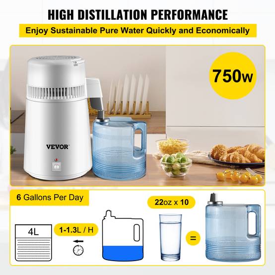 VEVOR Distillateur d'eau 4 L en acier inoxydable 750W, produit 1 L/h d'eau pure pour hôpitaux et usage domestique. - Image 4