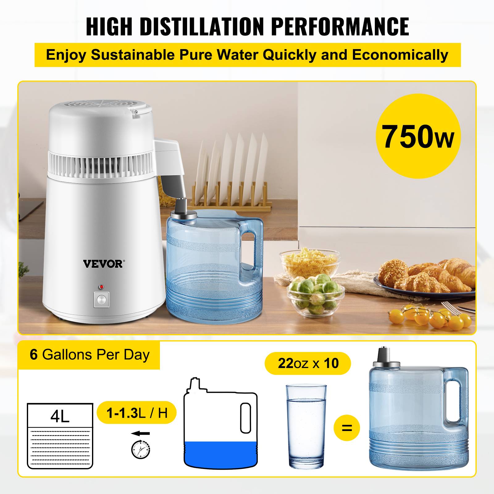 VEVOR Distillateur d'eau 4 L en acier inoxydable 750W, produit 1 L/h d'eau pure pour hôpitaux et usage domestique. - Image 4