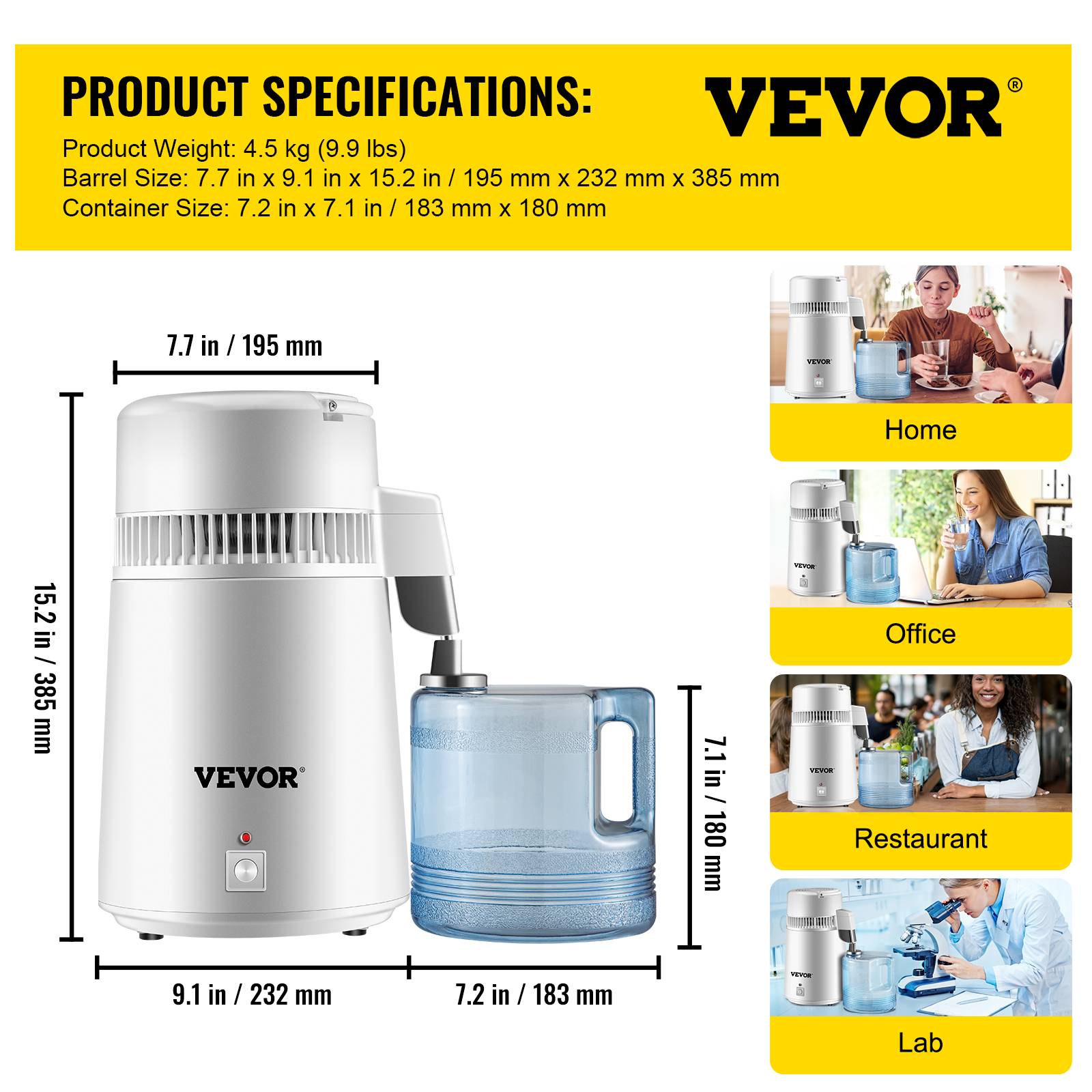 VEVOR Distillateur d'eau 4 L en acier inoxydable 750W, produit 1 L/h d'eau pure pour hôpitaux et usage domestique. - Image 7