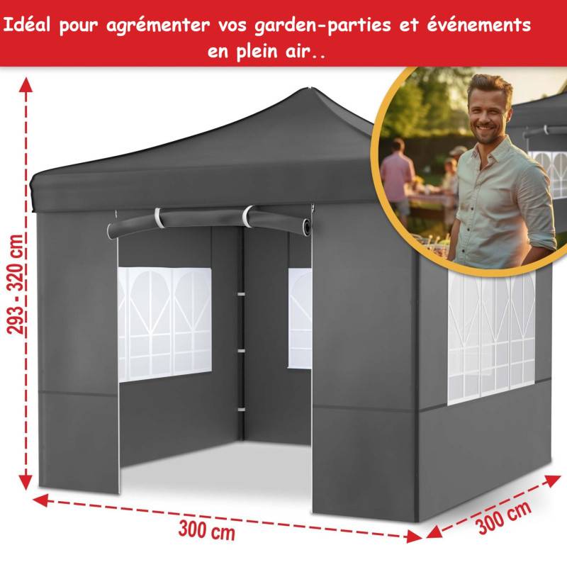 Pavillon 3x3m Tonnelle de jardin pliable Gris avec fenêtres Sac de rangement inclus - Image 2