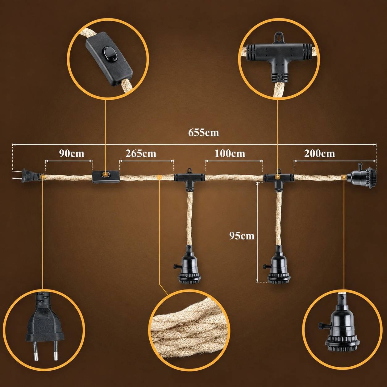 Suspension Lustre Tresse Chanvre 3 Luminaires DIY E27 - Image 2