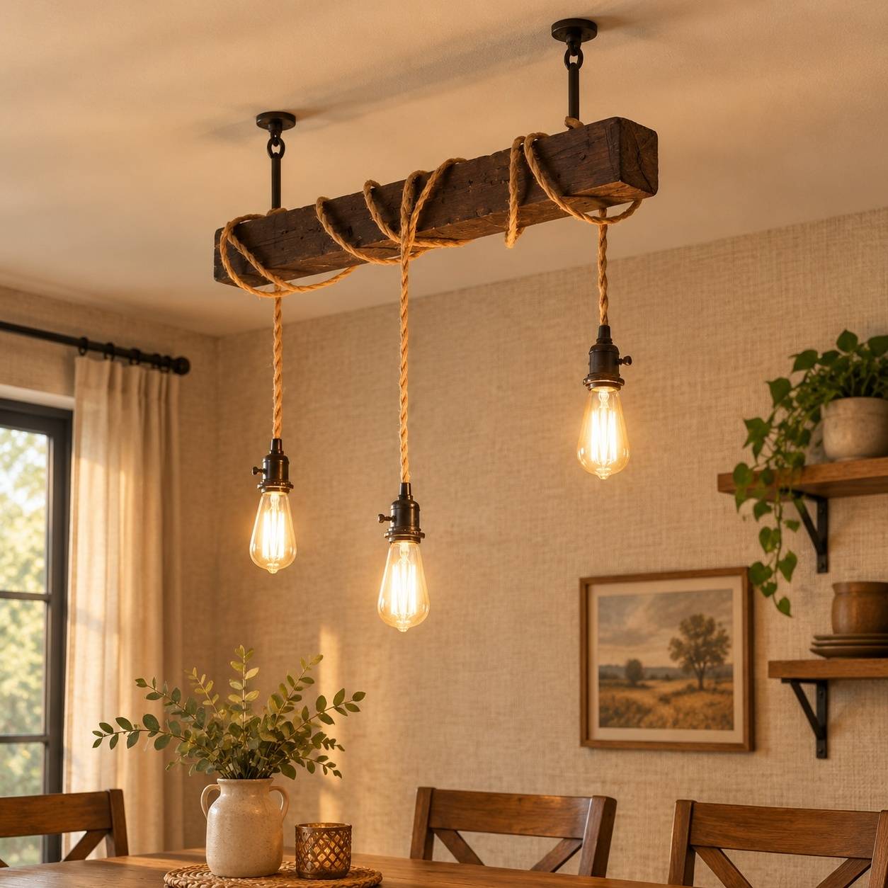 Suspension Lustre Tresse Chanvre 3 Luminaires DIY E27 - Image 3