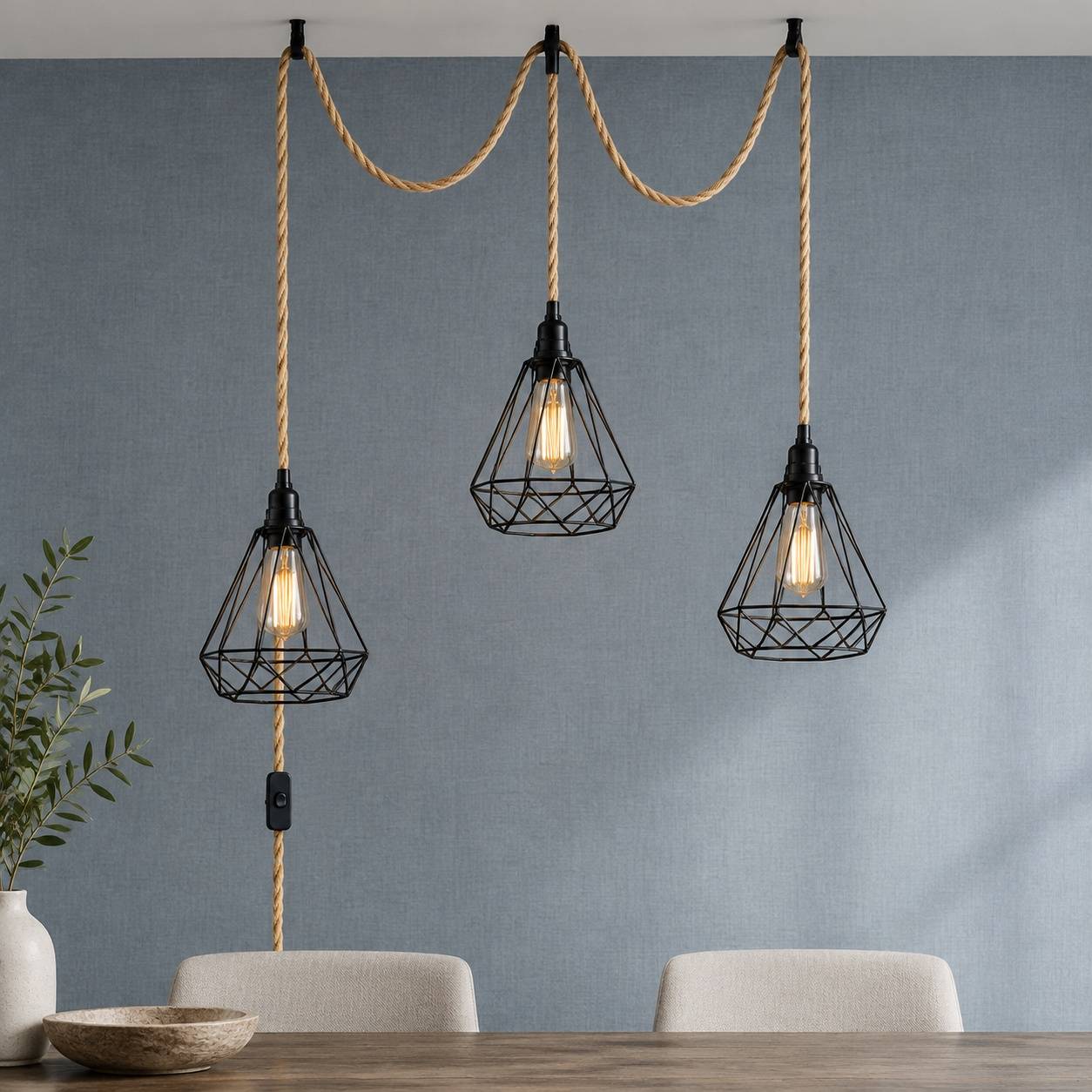 Suspension Lustre Tresse Chanvre 3 Luminaires DIY E27 - Image 8