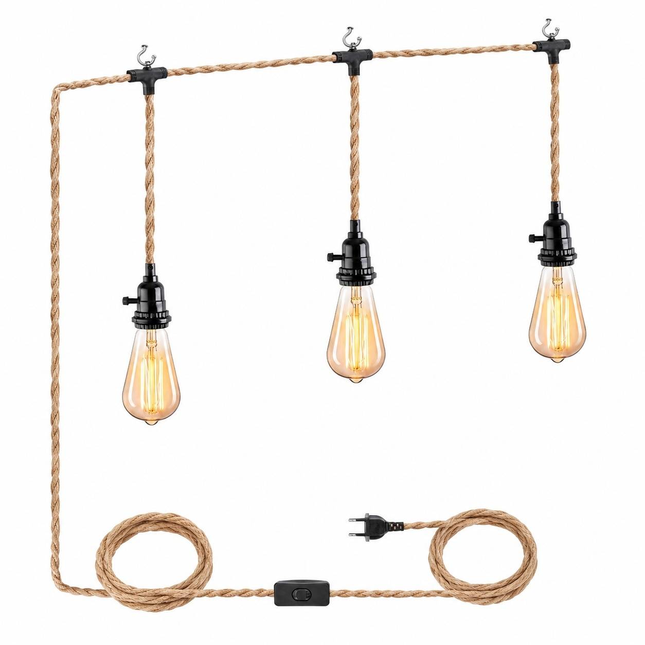 Suspension Lustre Tresse Chanvre 3 Luminaires DIY E27 - Image 1
