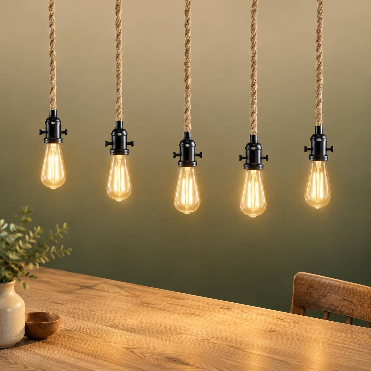 Suspension Lustre Tresse Chanvre 3 Luminaires DIY E27 - Image 4