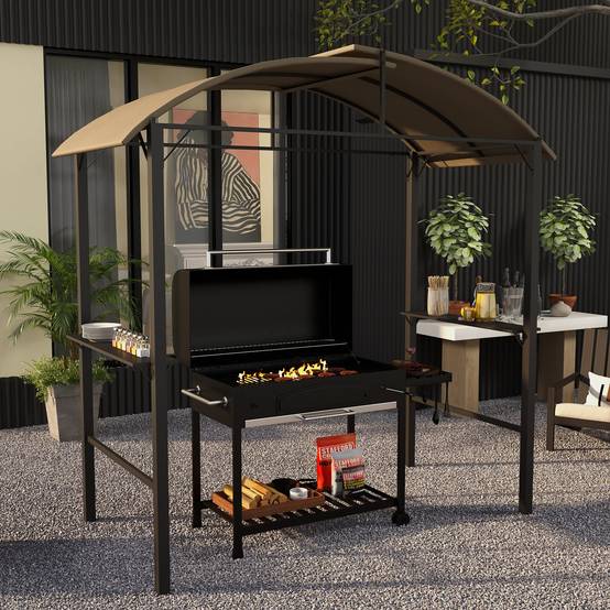Pavillon barbecue 1,1x2,3 m kaki acier polyester imperméable, étagères latérales pour barbecue - Image 2