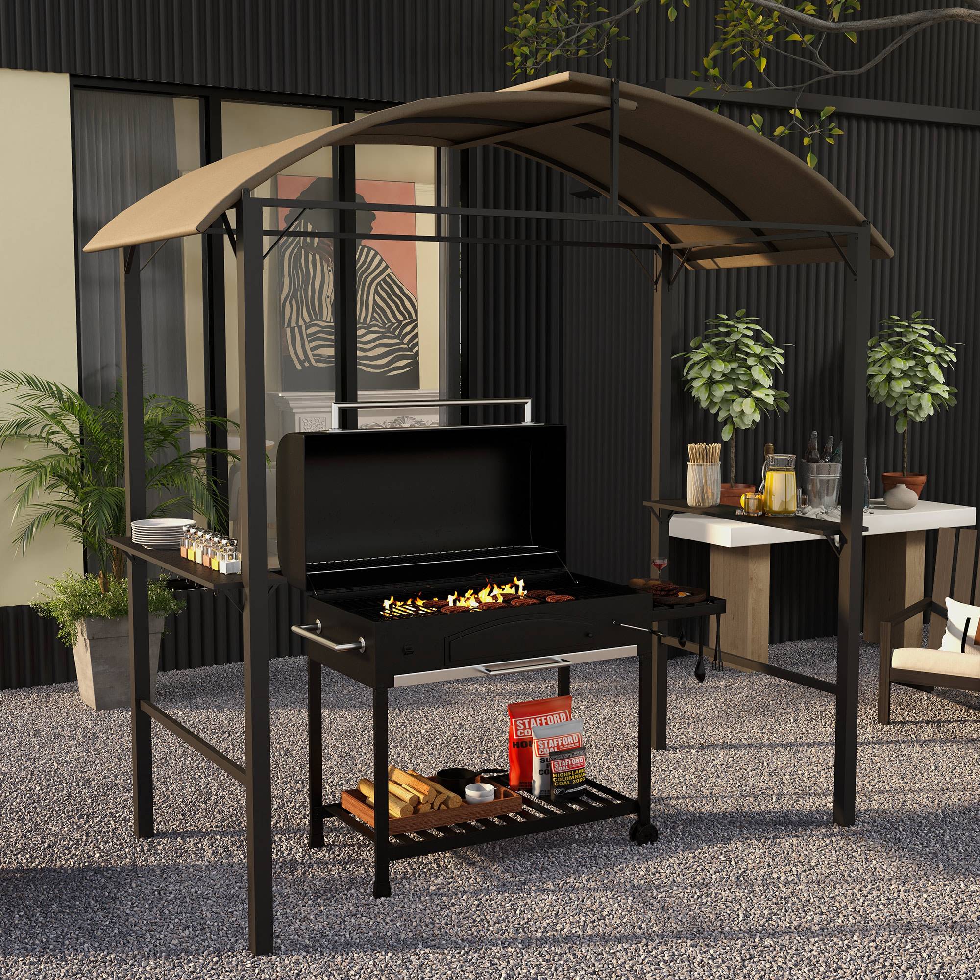 Pavillon barbecue 1,1x2,3 m kaki acier polyester imperméable, étagères latérales pour barbecue - Image 2