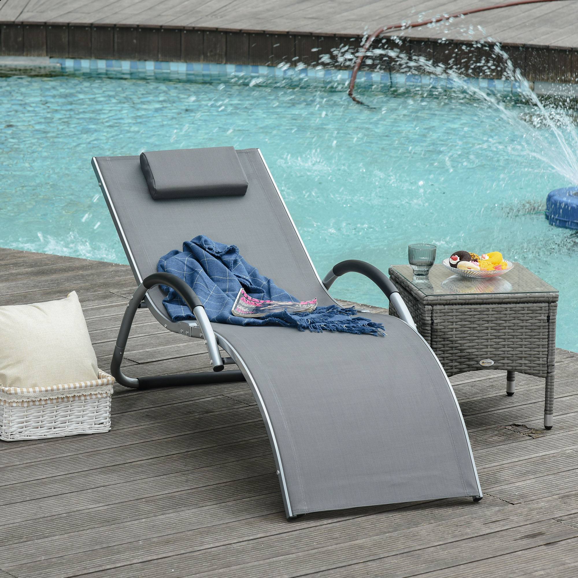 Outsunny - Bain de soleil transat design contemporain avec appui-tête grand confort léger aluminium textilène 160 x 60 x 65 cm gris - Outsunny - Image 2