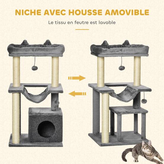 Arbre à chat avec griffoir, en tissu peluche, tour de jeux pour chat, lit, niche, hamac, plateforme 48 x 48 x 90 cm gris - Image 8