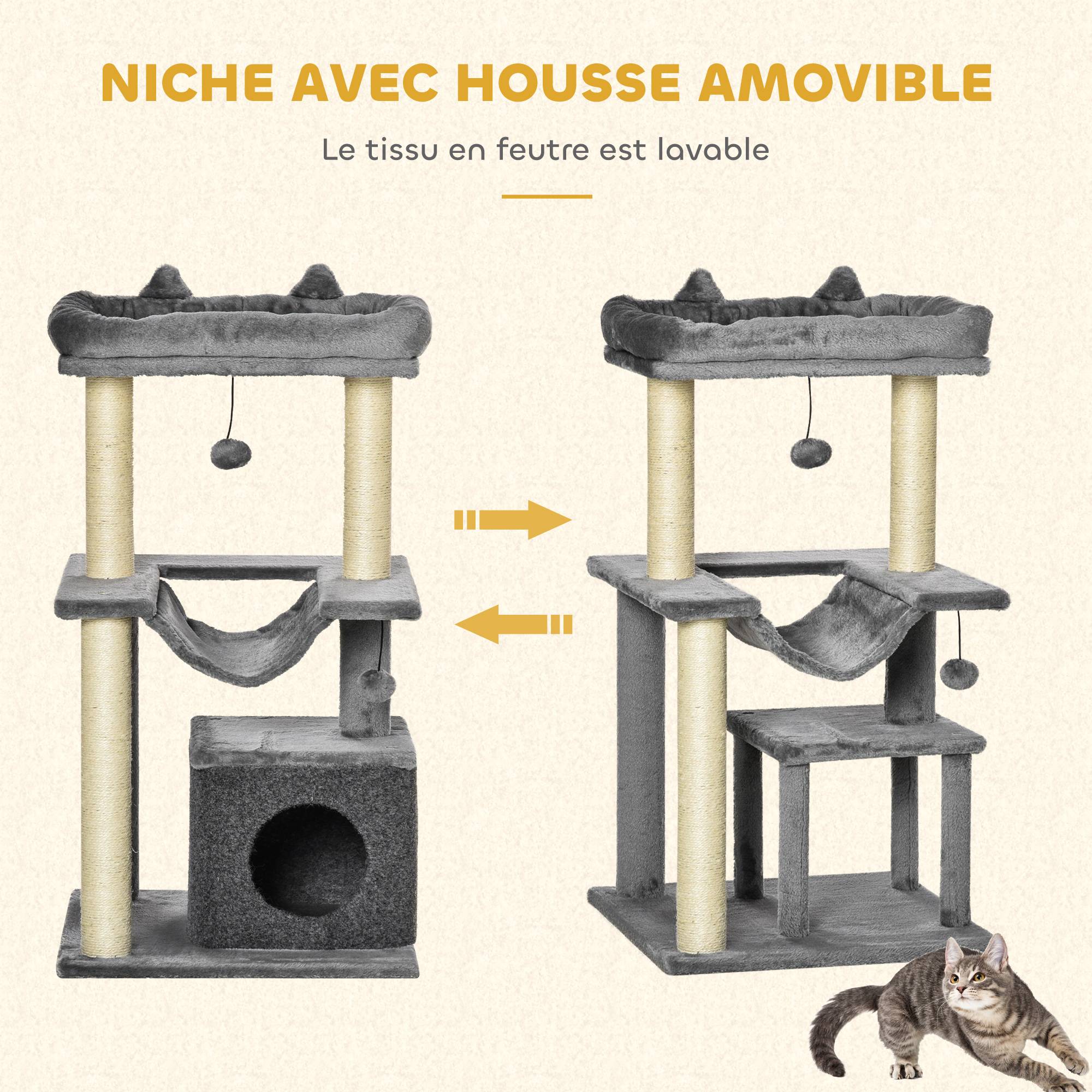 Arbre à chat avec griffoir, en tissu peluche, tour de jeux pour chat, lit, niche, hamac, plateforme 48 x 48 x 90 cm gris - Image 8