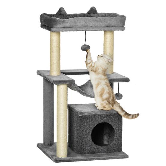 Arbre à chat avec griffoir, en tissu peluche, tour de jeux pour chat, lit, niche, hamac, plateforme 48 x 48 x 90 cm gris - Image 1