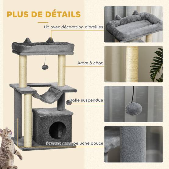 Arbre à chat avec griffoir, en tissu peluche, tour de jeux pour chat, lit, niche, hamac, plateforme 48 x 48 x 90 cm gris - Image 9