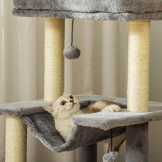 Arbre à chat avec griffoir, en tissu peluche, tour de jeux pour chat, lit, niche, hamac, plateforme 48 x 48 x 90 cm gris - Image 10