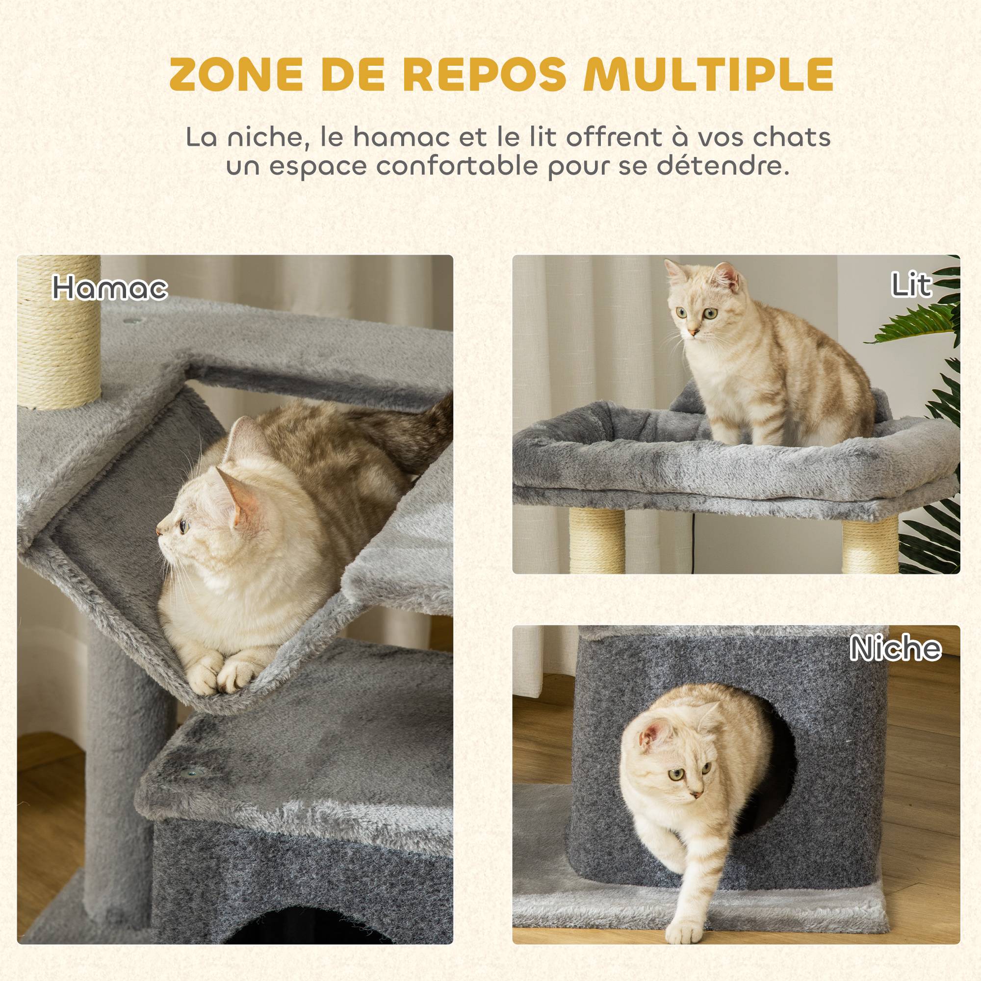 Arbre à chat avec griffoir, en tissu peluche, tour de jeux pour chat, lit, niche, hamac, plateforme 48 x 48 x 90 cm gris - Image 7