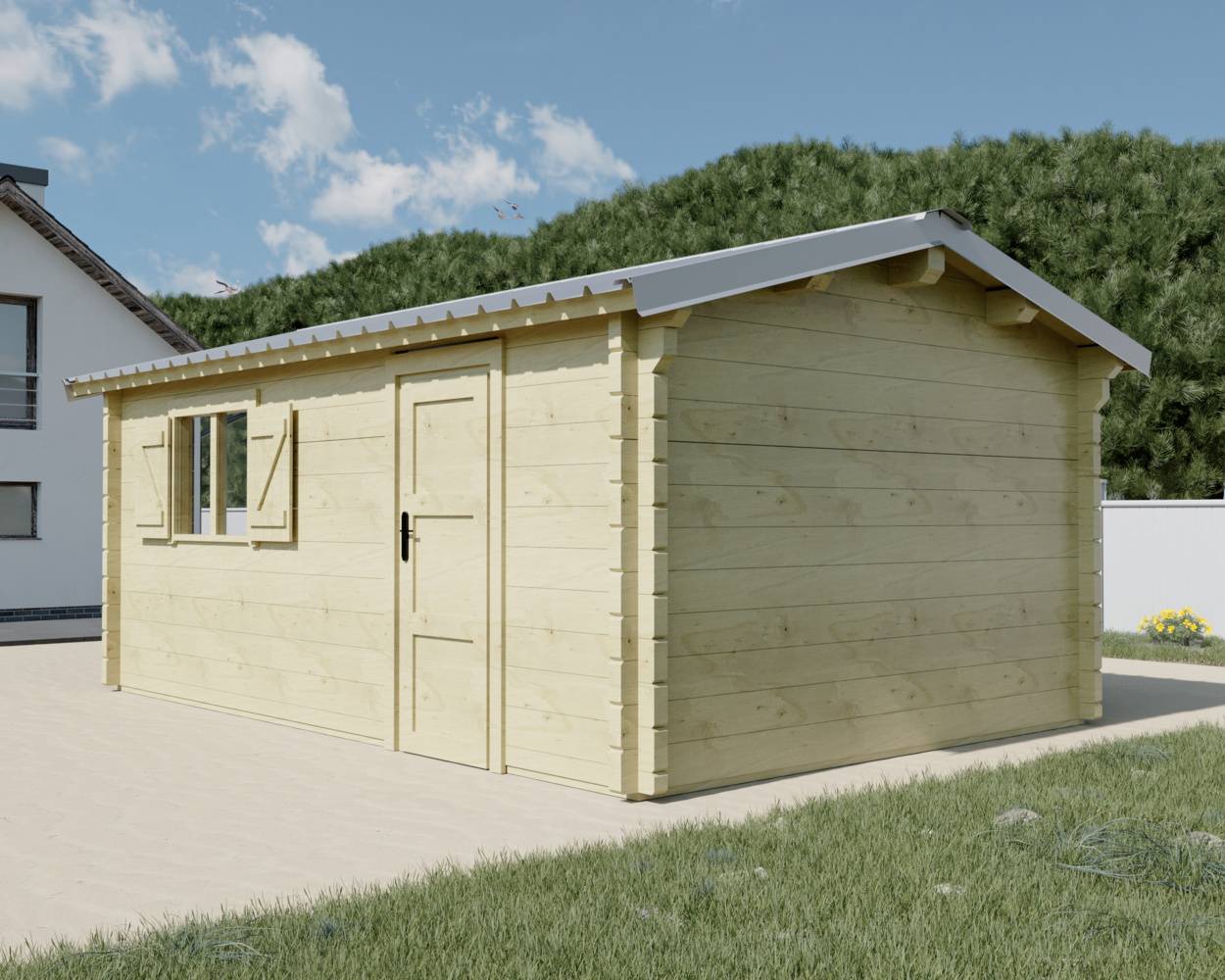 Habrita - Garage madriers - 42 mm - 25,83 m2 - Couverture toit Bardeaux verriers bitumés - Porte de garage BATTANTE en bois - Image 1