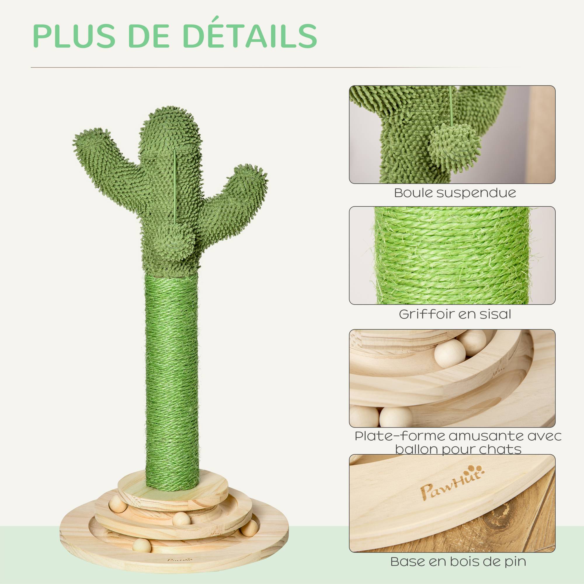 Sans Marque - Arbre à chat griffoir forme de cactus en sisal naturel pompon suspendu et plateforme de jeu boules Ø 32 x 60 cm vert - Image 7