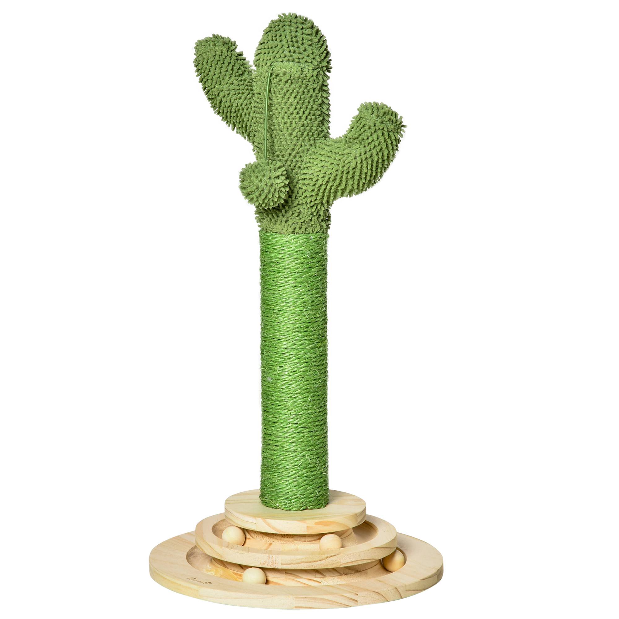 Sans Marque - Arbre à chat griffoir forme de cactus en sisal naturel pompon suspendu et plateforme de jeu boules Ø 32 x 60 cm vert - Image 2