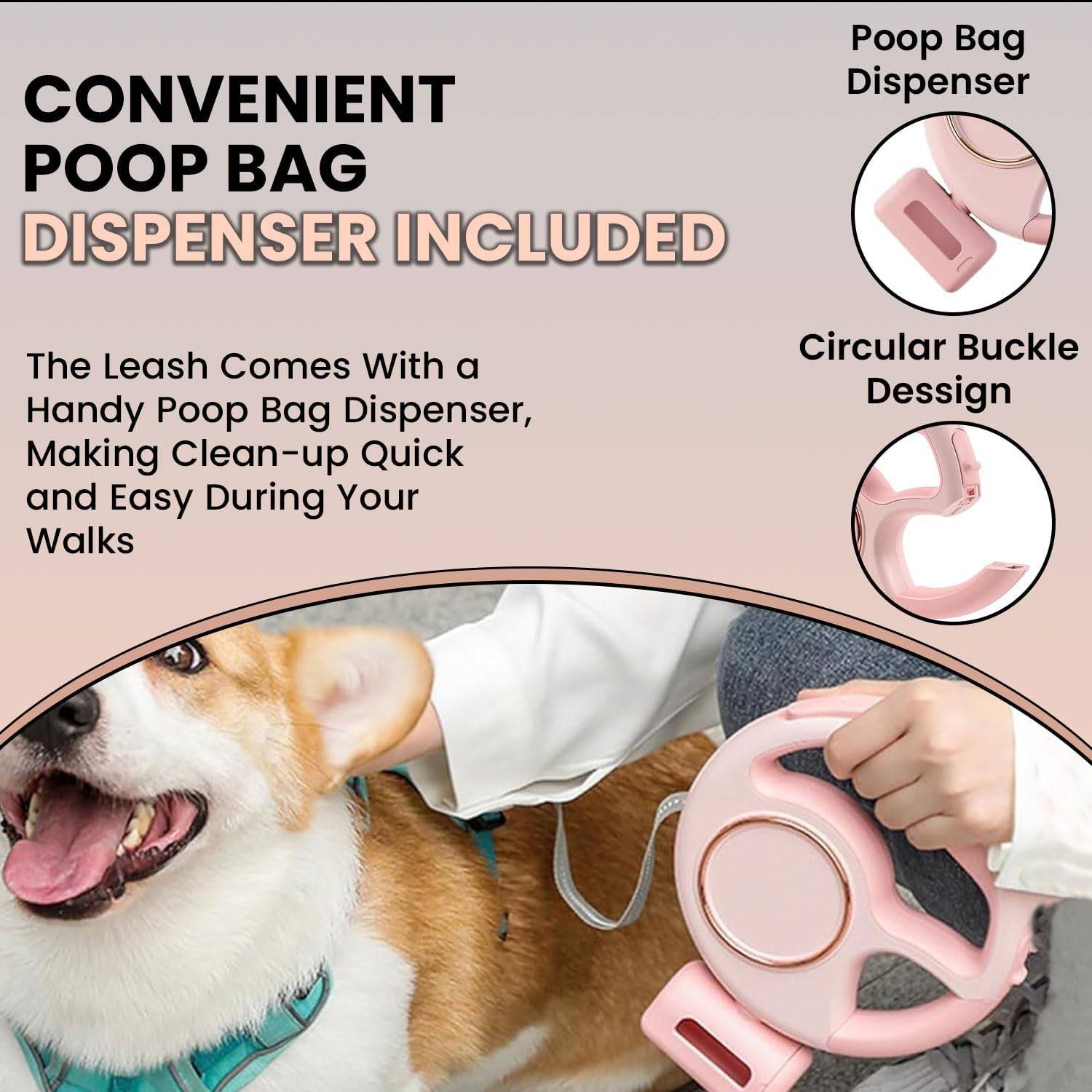 Laisse pour chien de compagnie avec lampe de poche LED, frein à une main, fermeture à boucle et distributeur de sacs à déchets.-Lytech - Image 5