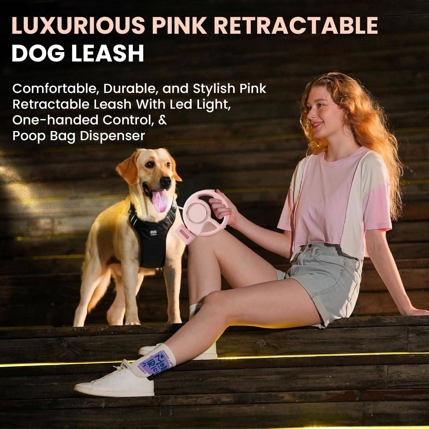 Laisse pour chien de compagnie avec lampe de poche LED, frein à une main, fermeture à boucle et distributeur de sacs à déchets.-Lytech - Image 2