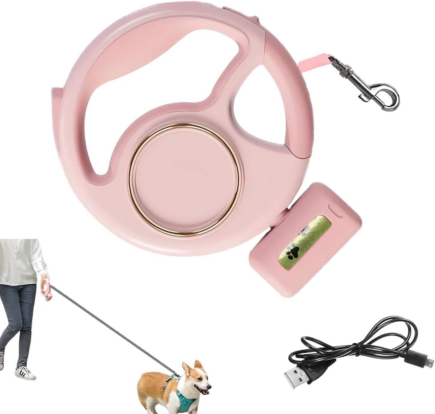 Laisse pour chien de compagnie avec lampe de poche LED, frein à une main, fermeture à boucle et distributeur de sacs à déchets.-Lytech - Image 1
