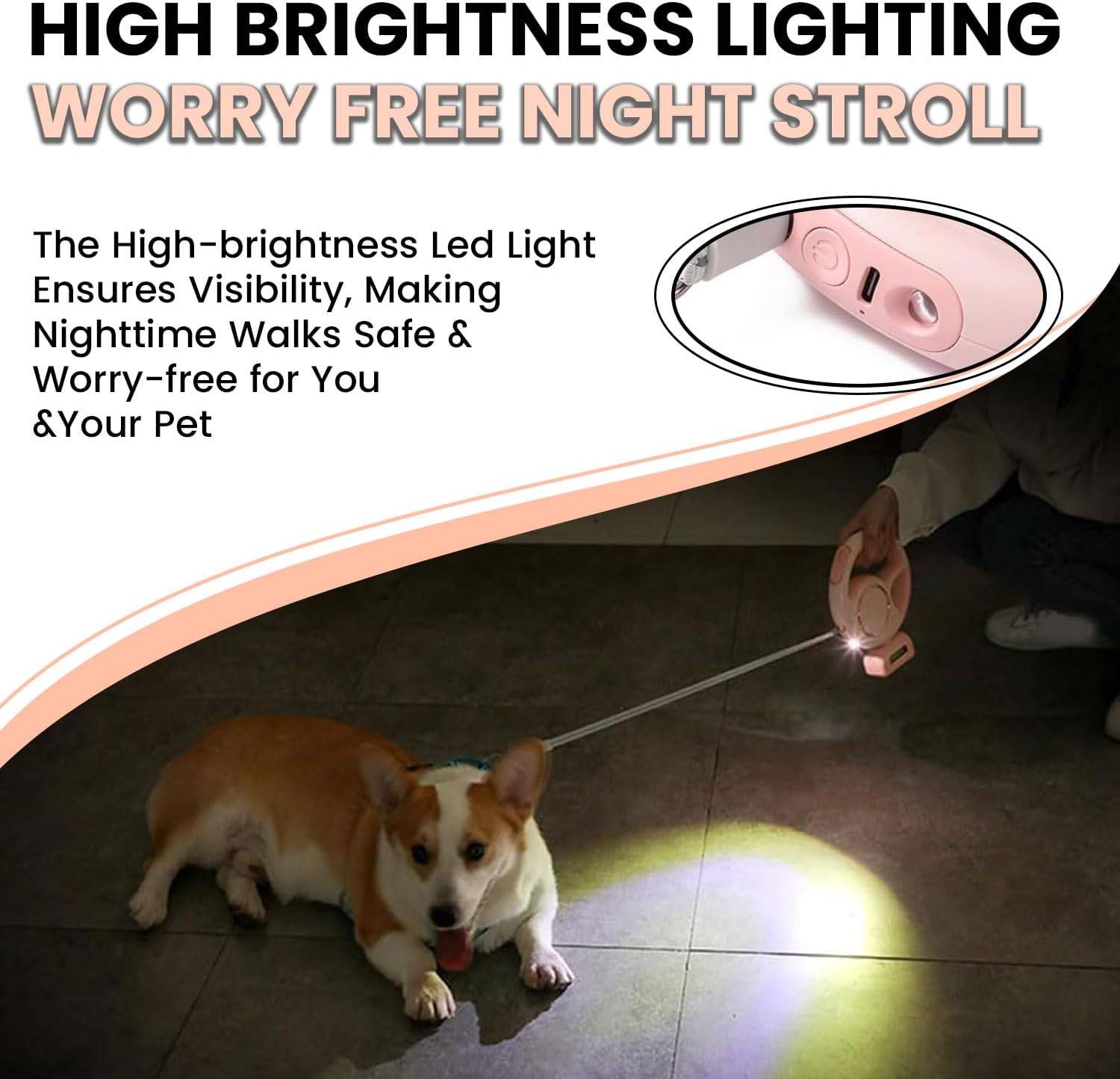 Laisse pour chien de compagnie avec lampe de poche LED, frein à une main, fermeture à boucle et distributeur de sacs à déchets.-Lytech - Image 3
