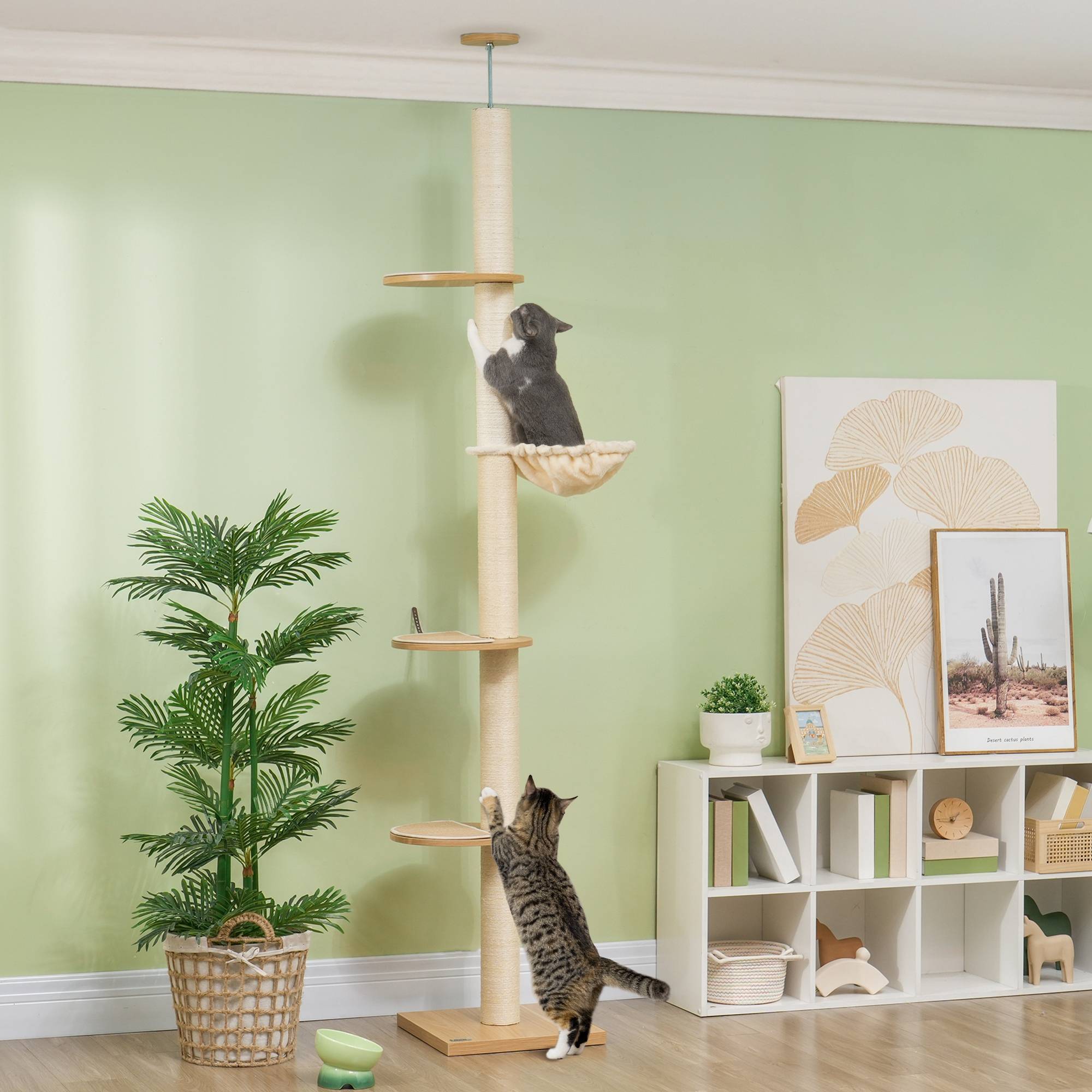 Sans Marque - Arbre à chat de hauteur plafond, dispositif anti-basculement, poteaux en corde de sisal, bois d'ingénierie, chêne et blanc crème - Image 1