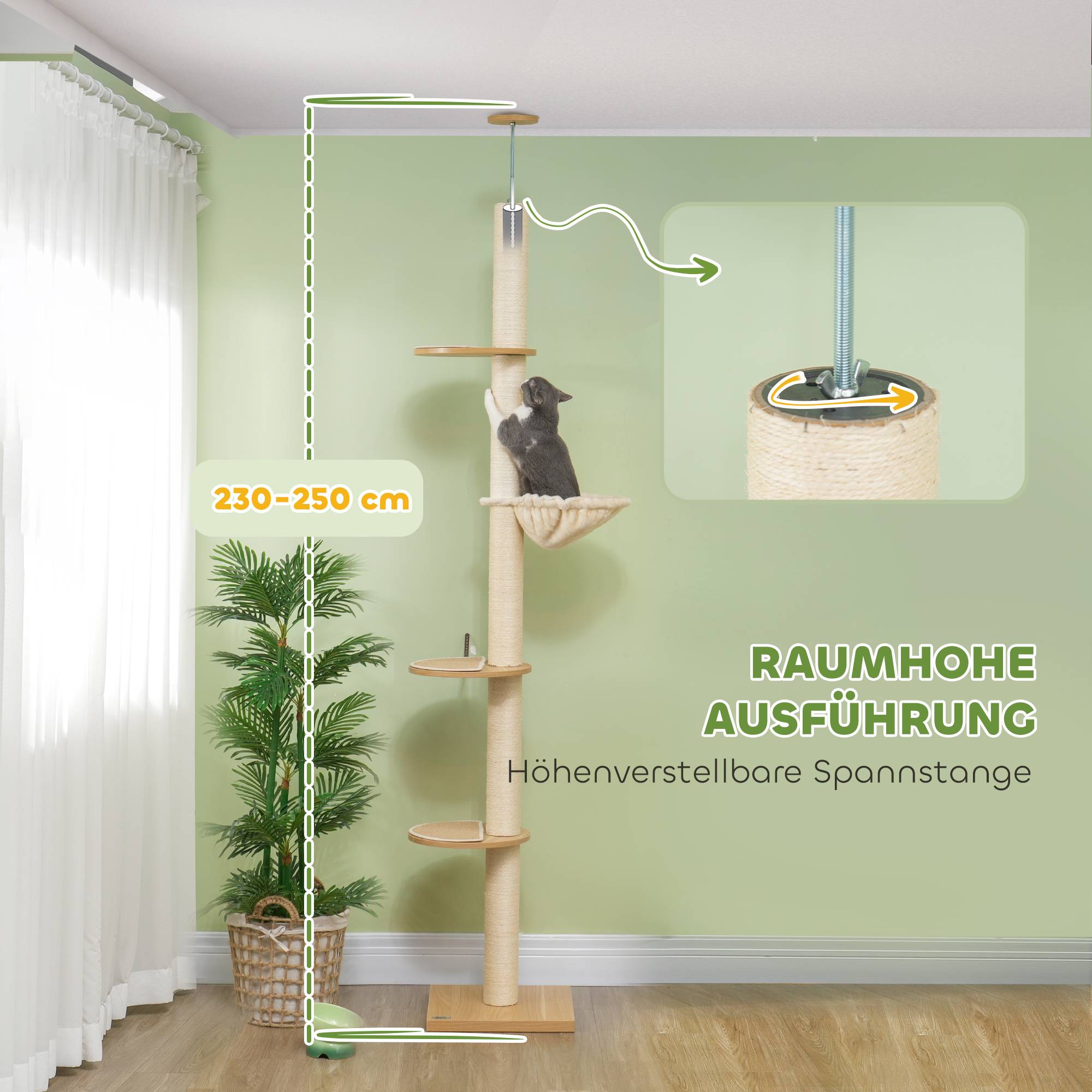 Sans Marque - Arbre à chat de hauteur plafond, dispositif anti-basculement, poteaux en corde de sisal, bois d'ingénierie, chêne et blanc crème - Image 4