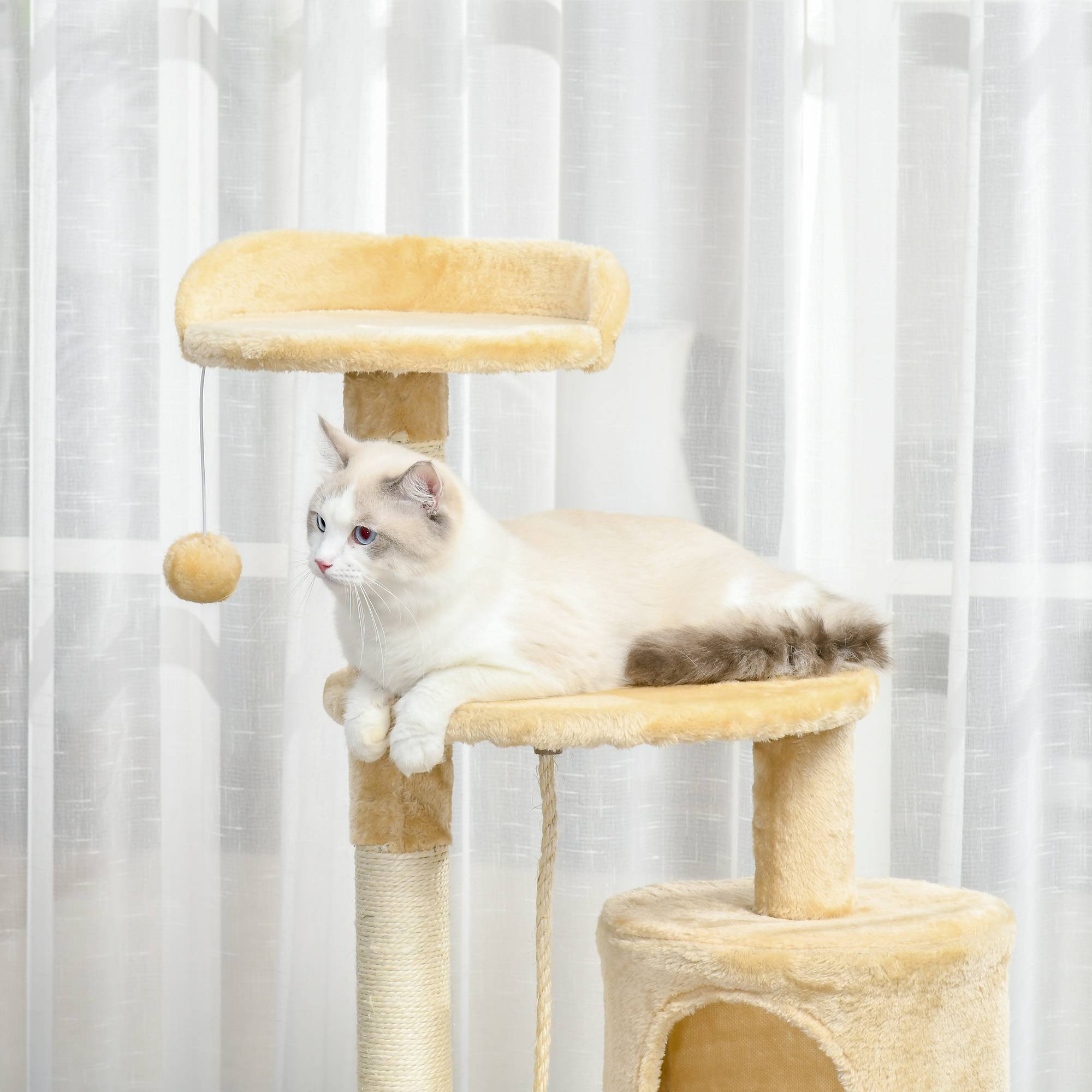 Sans Marque - Arbre à chat bois 4 niveaux niche jouets balle corde structure chat intérieur 114 cm - Image 10