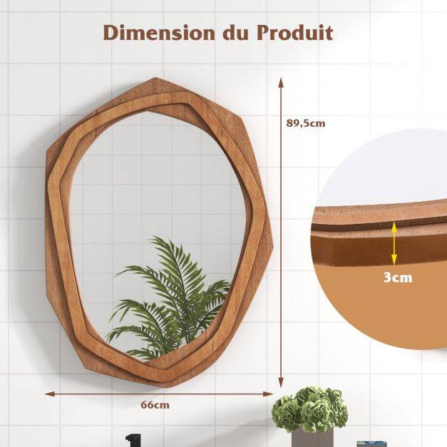 Helloshop26 - Miroir décoratif à cadre irrégulier grand miroir mural imperméable de 89,5 x 66 cm avec vis d'expansion miroir mural élégant pour salon naturel - Image 5