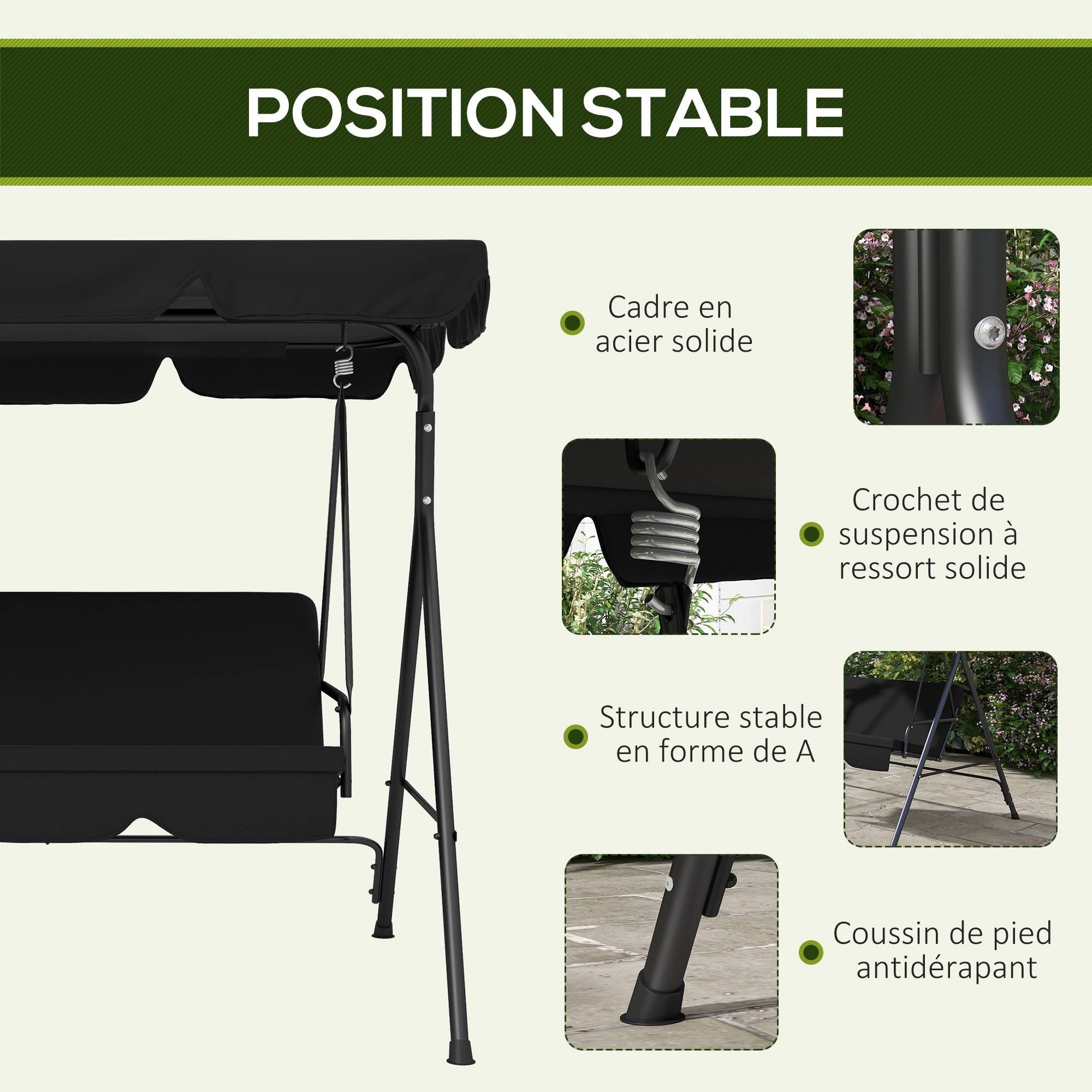 Outsunny - Balancelle de jardin 3 places toit réglable coussins assise dossier acier polyester noir - Outsunny - Image 5