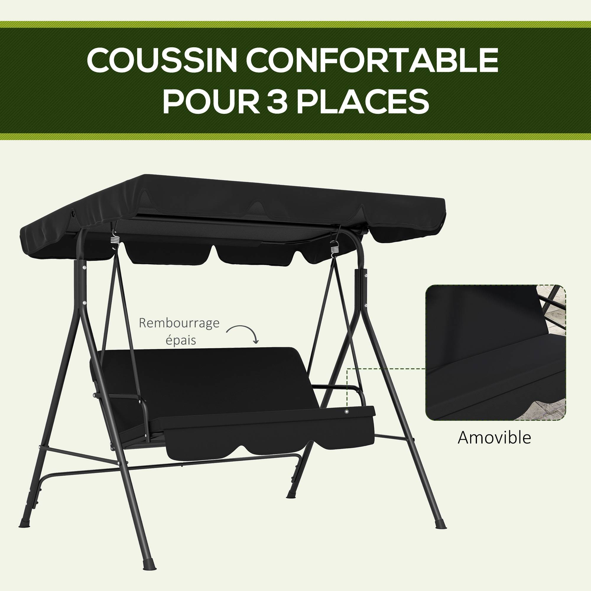 Outsunny - Balancelle de jardin 3 places toit réglable coussins assise dossier acier polyester noir - Outsunny - Image 7