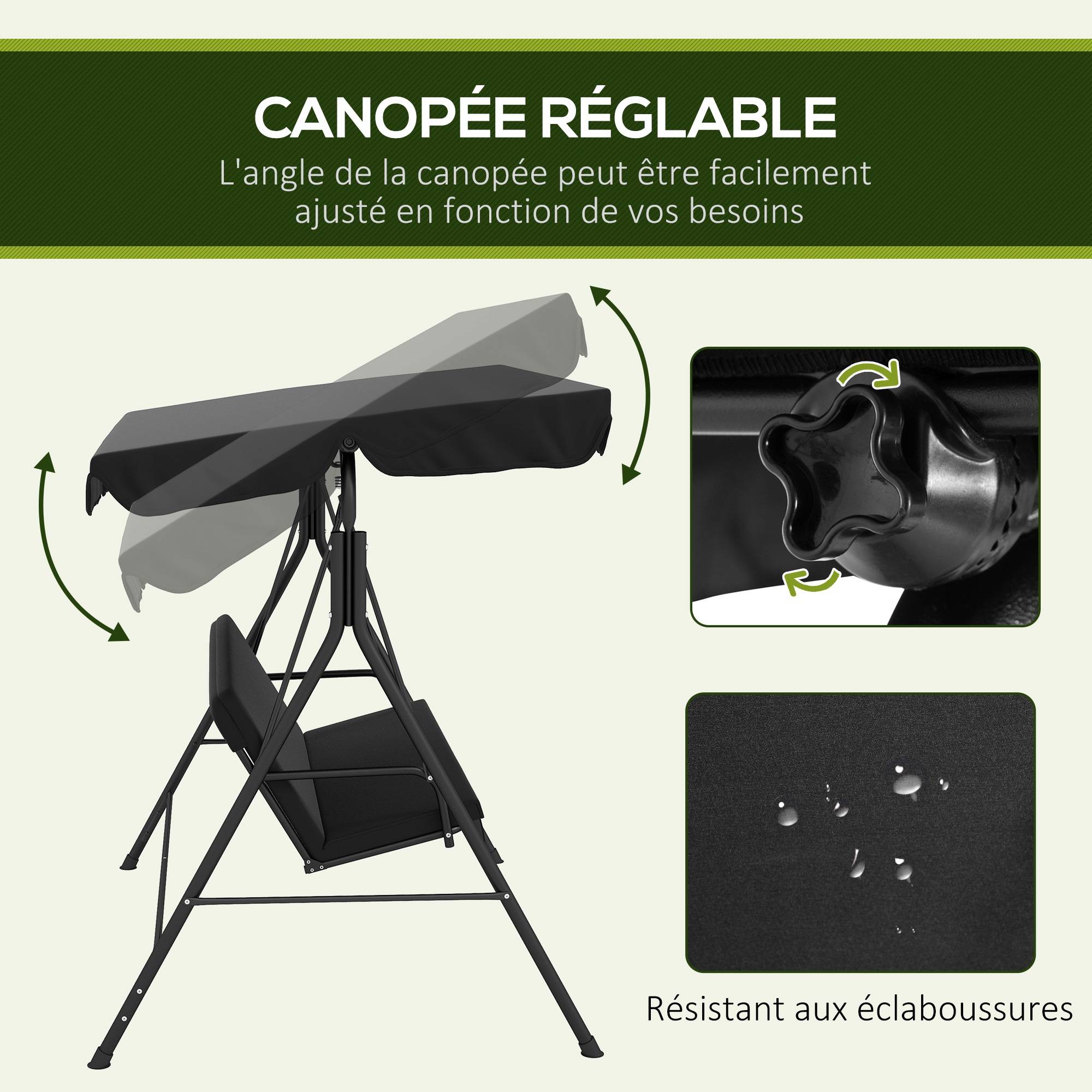 Outsunny - Balancelle de jardin 3 places toit réglable coussins assise dossier acier polyester noir - Outsunny - Image 4