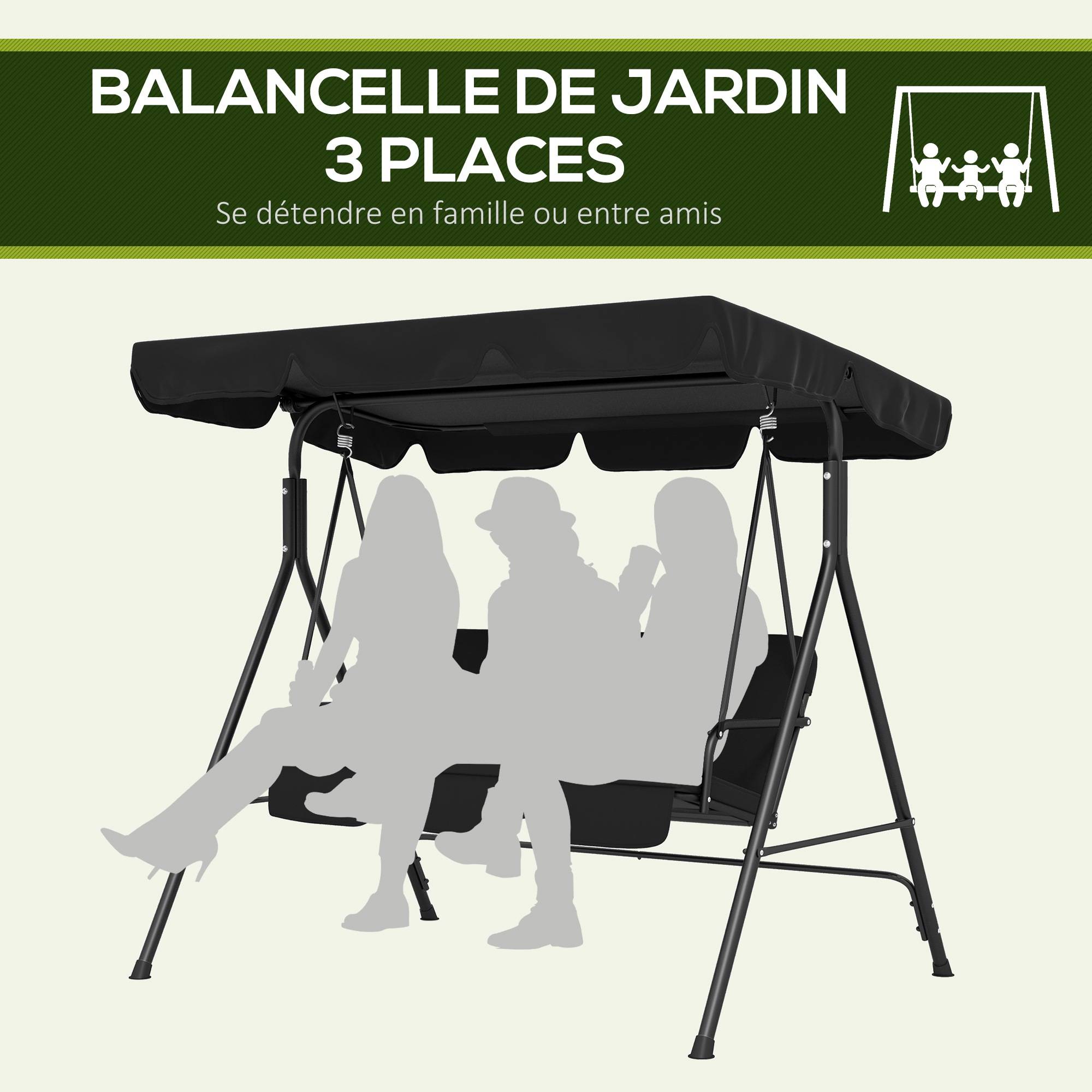Outsunny - Balancelle de jardin 3 places toit réglable coussins assise dossier acier polyester noir - Outsunny - Image 6