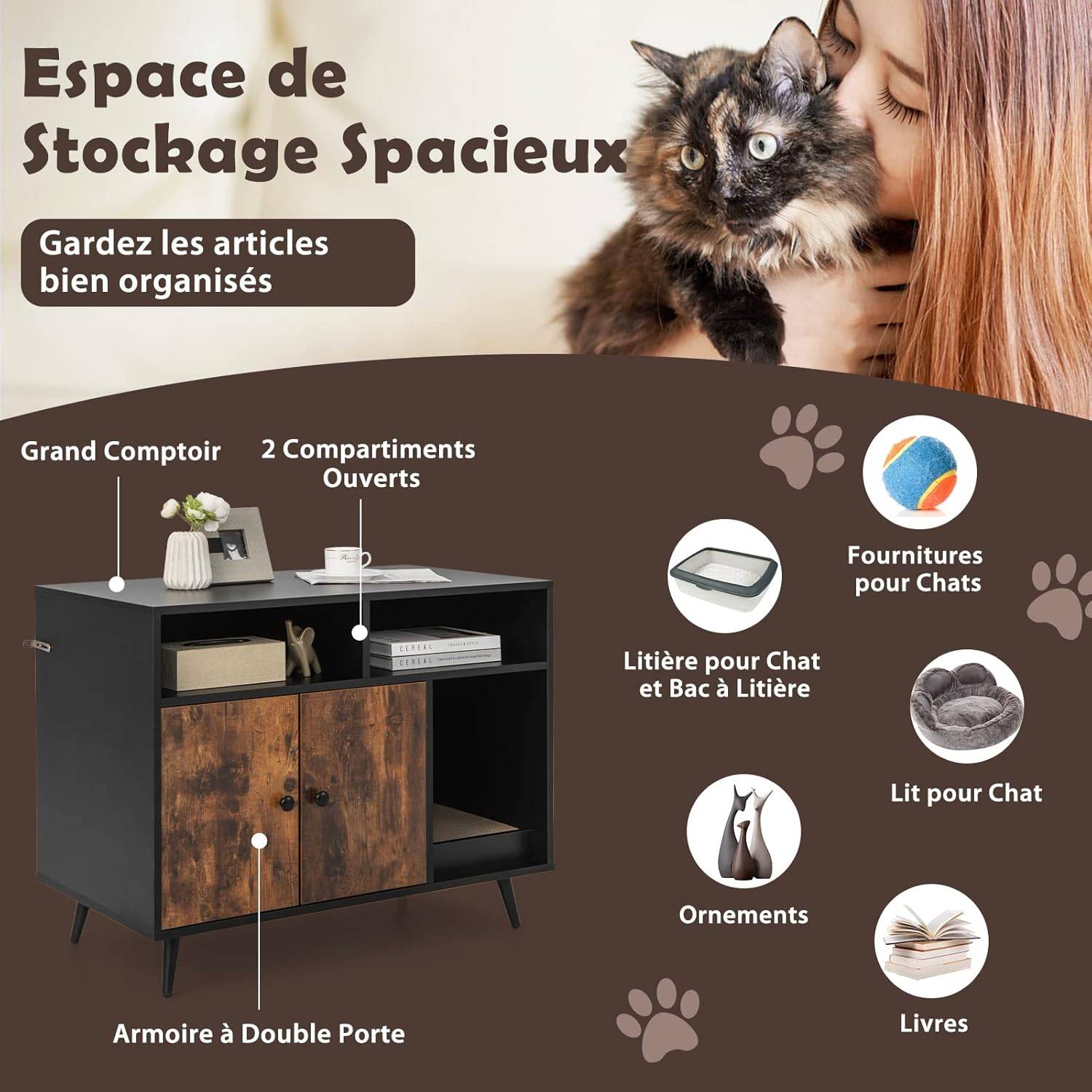 COSTWAY Meuble Litière Chat avec Griffoir Industriel, Maison de Toilette Chat Anti-basculement 2 Étagères de Rangement, 90x50x70cm - Image 3