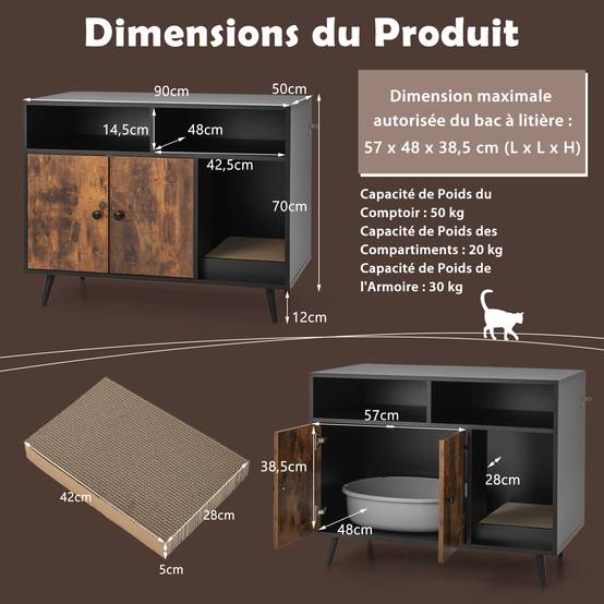 COSTWAY Meuble Litière Chat avec Griffoir Industriel, Maison de Toilette Chat Anti-basculement 2 Étagères de Rangement, 90x50x70cm - Image 8