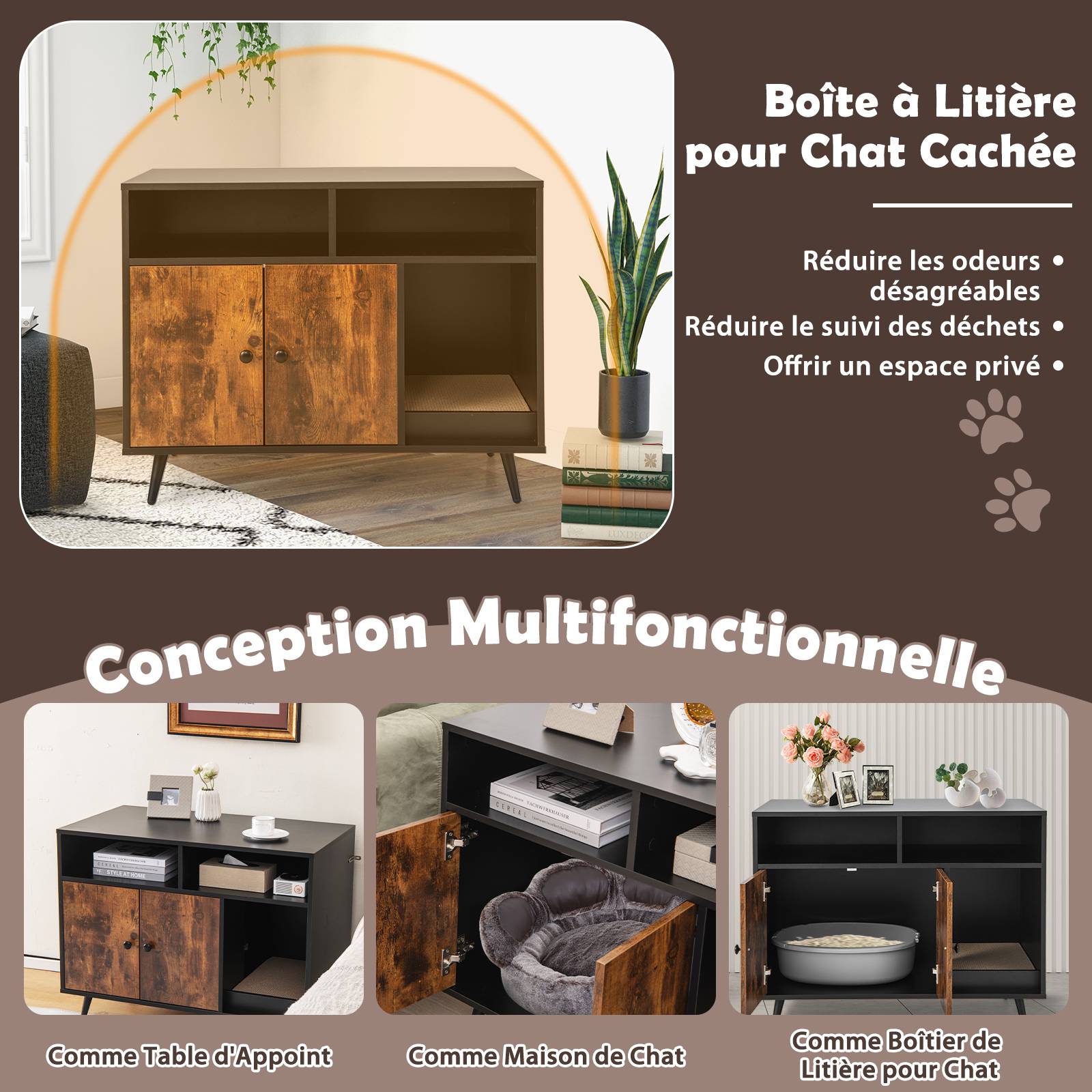 COSTWAY Meuble Litière Chat avec Griffoir Industriel, Maison de Toilette Chat Anti-basculement 2 Étagères de Rangement, 90x50x70cm - Image 6