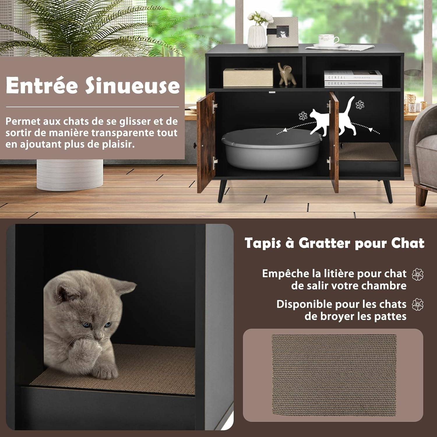 COSTWAY Meuble Litière Chat avec Griffoir Industriel, Maison de Toilette Chat Anti-basculement 2 Étagères de Rangement, 90x50x70cm - Image 5