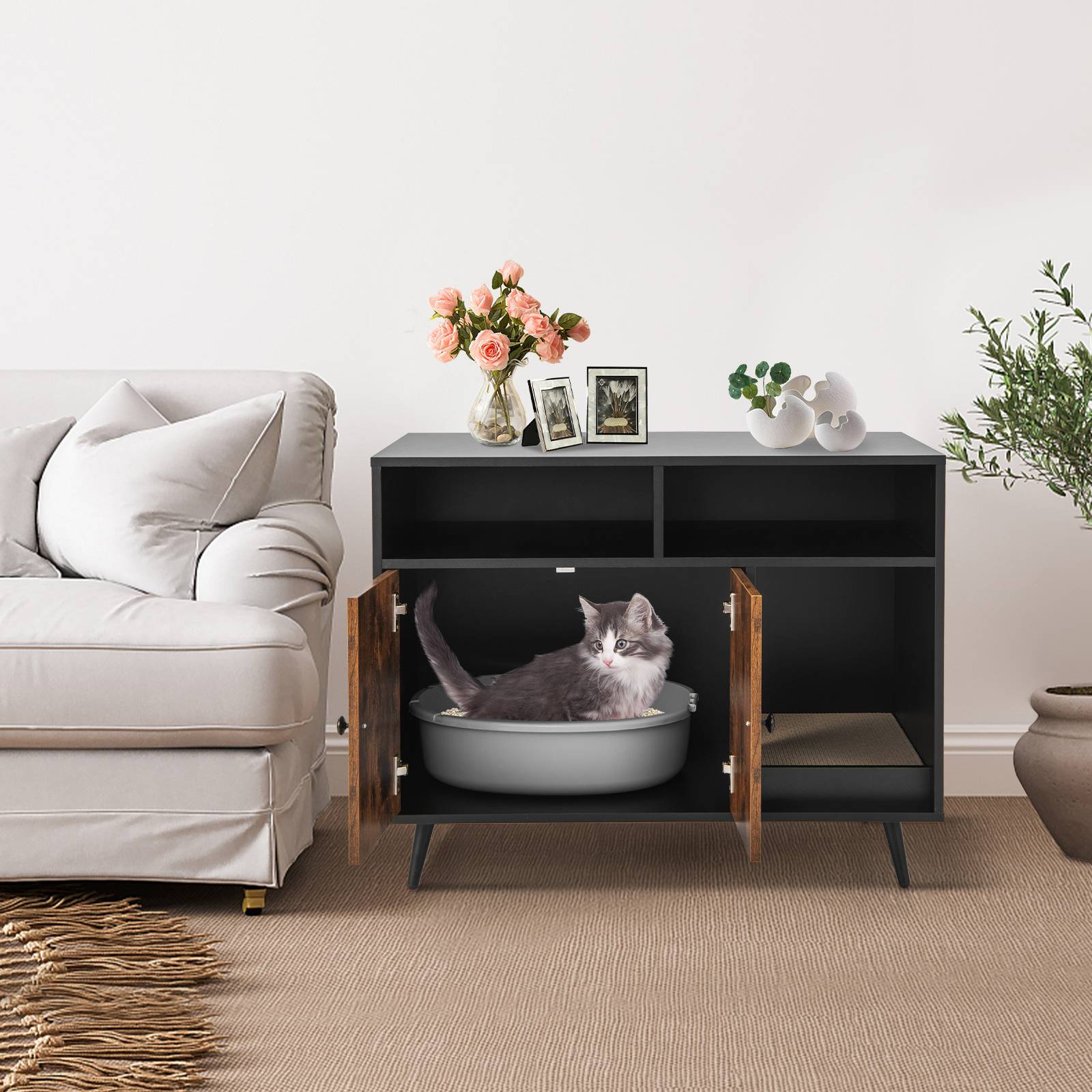 COSTWAY Meuble Litière Chat avec Griffoir Industriel, Maison de Toilette Chat Anti-basculement 2 Étagères de Rangement, 90x50x70cm - Image 9