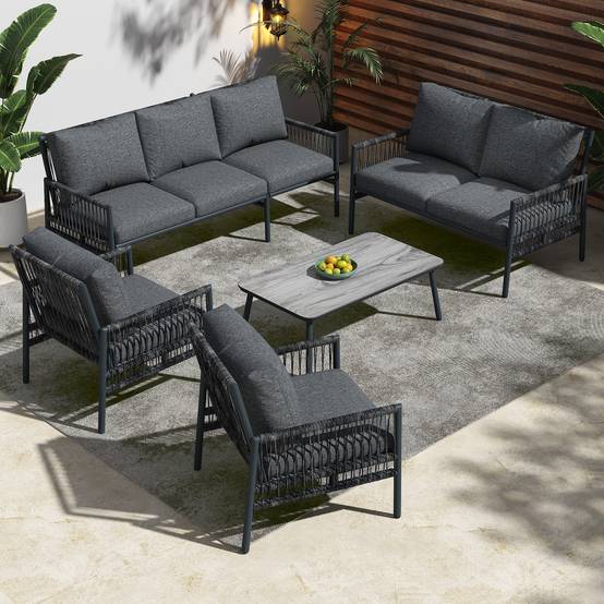 Salon de jardin 7 places Résine tressée Acier Table verre effet bois Gris - ComfortXL Outdoor Living - Image 1