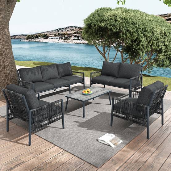 Salon de jardin 7 places Résine tressée Acier Table verre effet bois Gris - ComfortXL Outdoor Living - Image 9