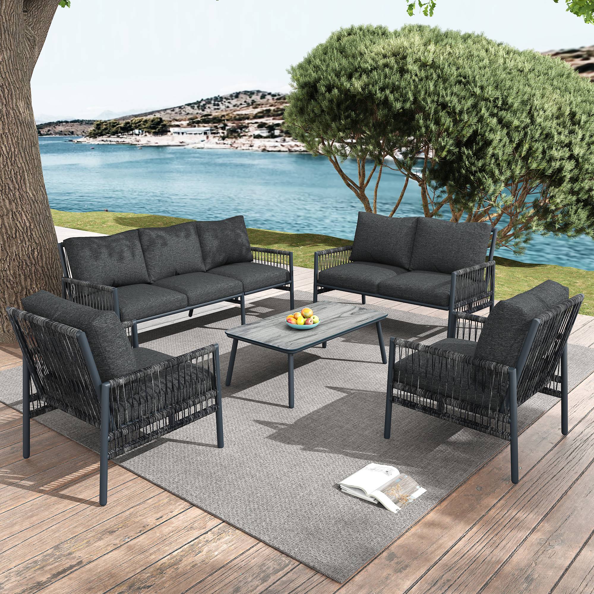 Salon de jardin 7 places Résine tressée Acier Table verre effet bois Gris - ComfortXL Outdoor Living - Image 9