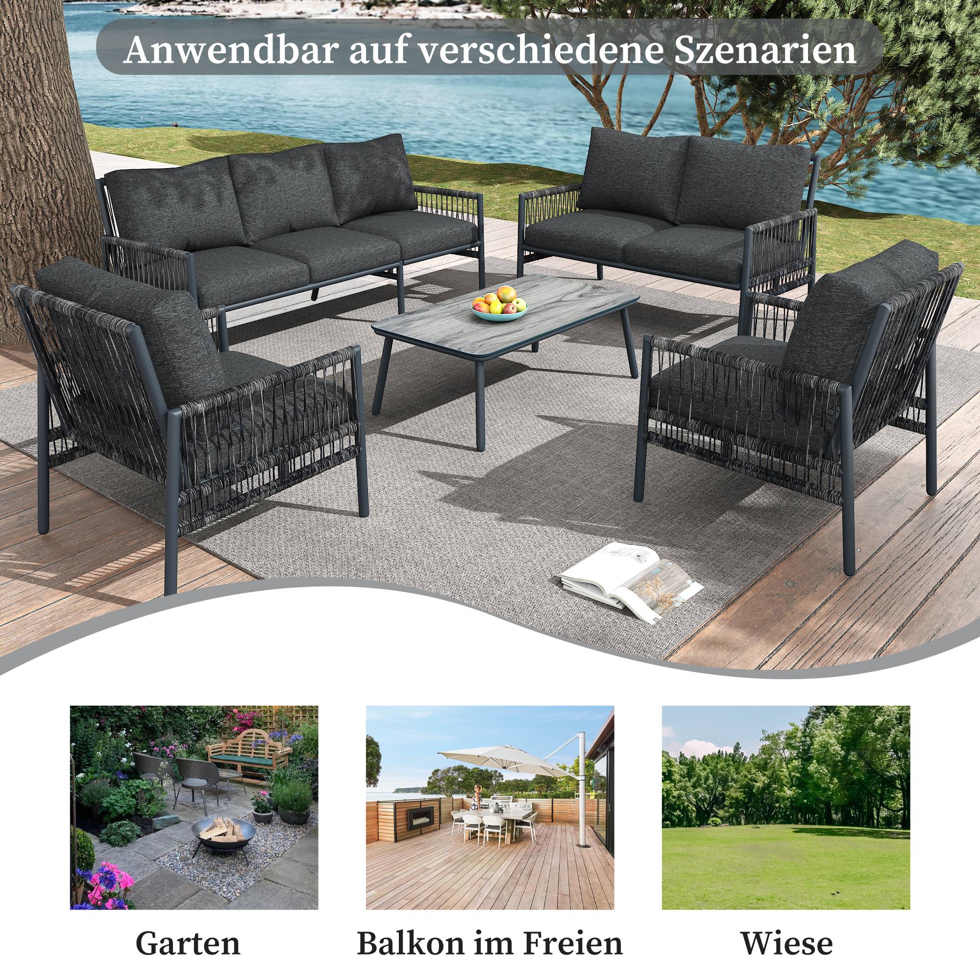 Salon de jardin 7 places Résine tressée Acier Table verre effet bois Gris - ComfortXL Outdoor Living - Image 7