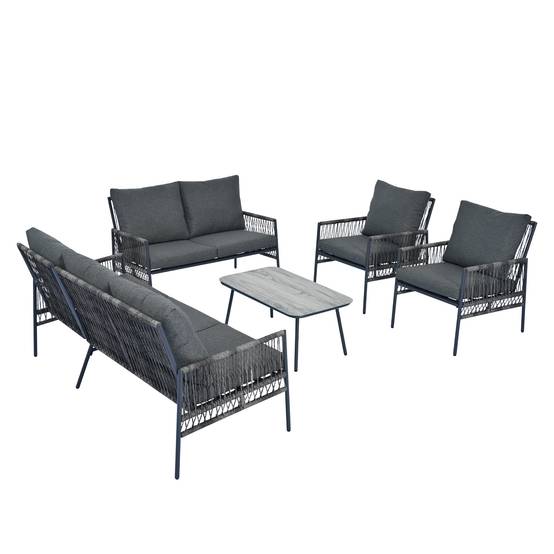 Salon de jardin 7 places Résine tressée Acier Table verre effet bois Gris - ComfortXL Outdoor Living - Image 2