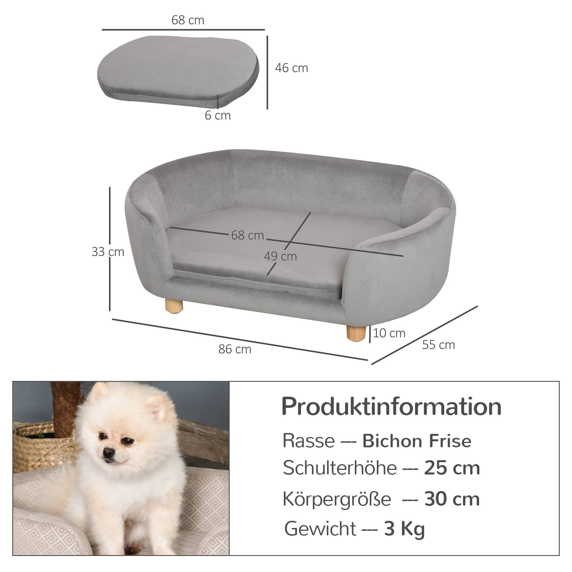 Canapé chien en velours hollandais, dossier, pieds bois, coussin, pour petit chien,86x55x33cm,gris clair - Image 5