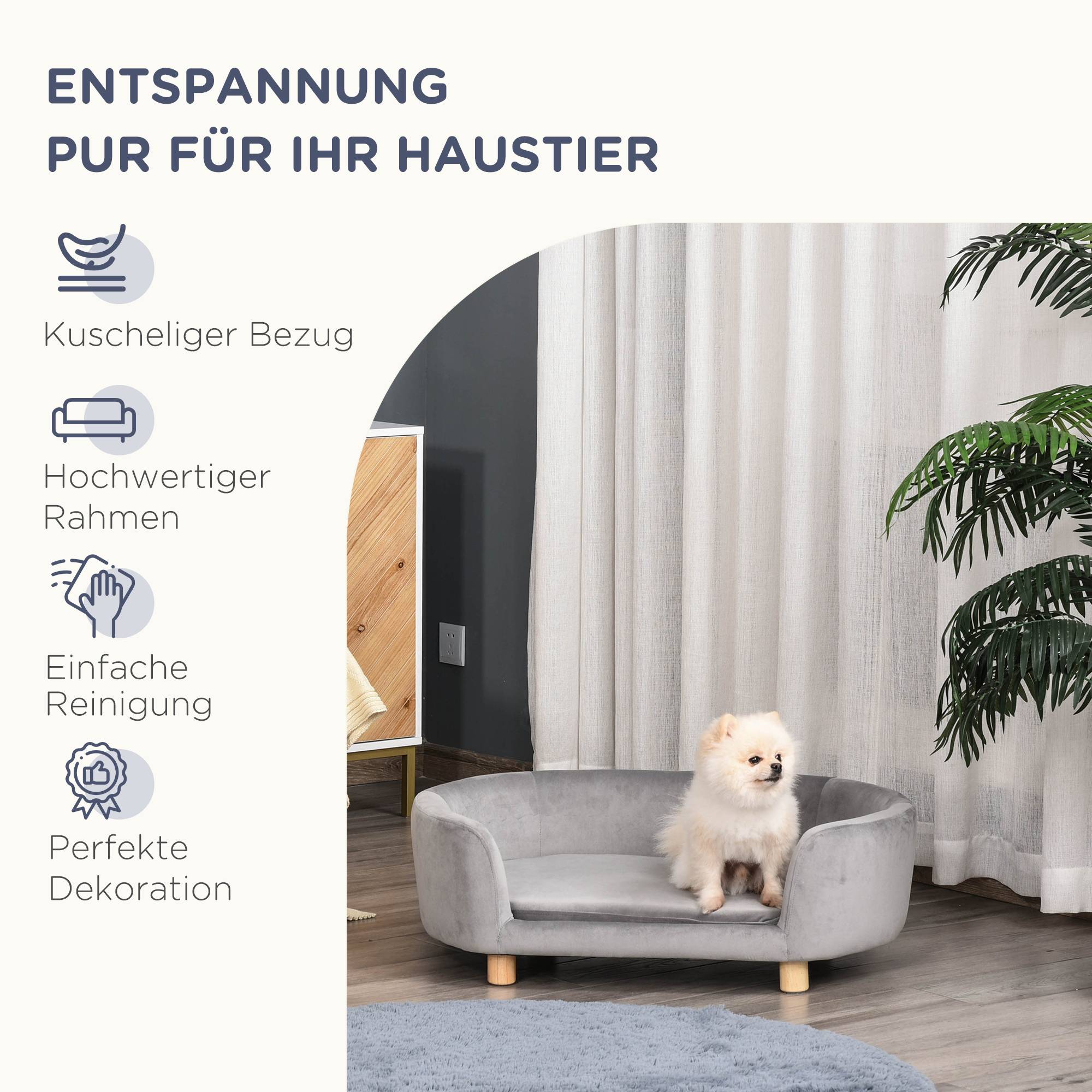 Canapé chien en velours hollandais, dossier, pieds bois, coussin, pour petit chien,86x55x33cm,gris clair - Image 9