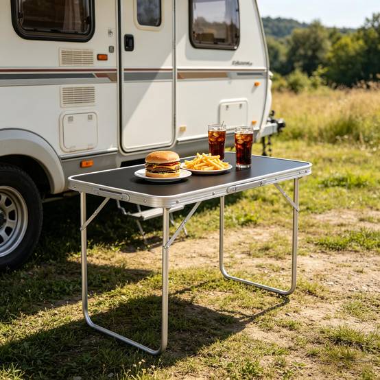 Table de camping pliante en aluminium gris compacte Table de camping pliante en aluminium gris compacte